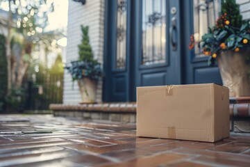 Fototapeta premium A cardboard box is sitting on a porch