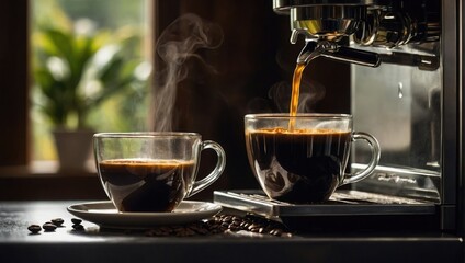 The image depicts a coffee machine pouring coffee into a clear glass coffee cup