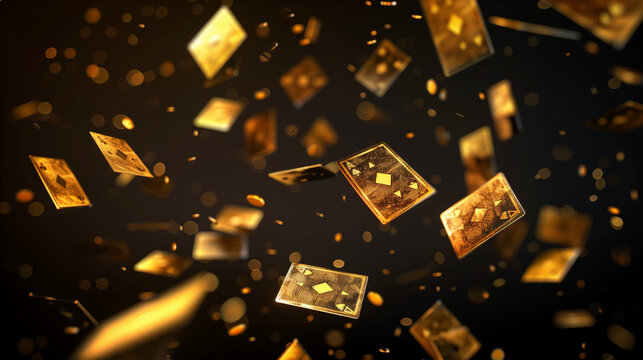 Card background. Backdrop for casino, golden cards flying on black backdrop