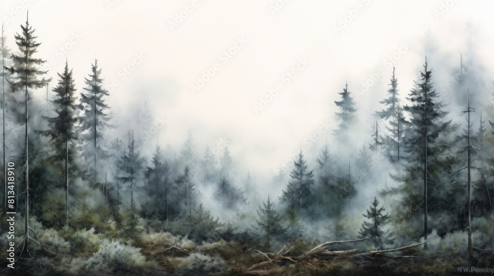 Poster generative ai mysterious fog-covered forests. aquarelle