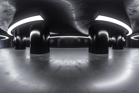 360 degree full panorama environment map of black minimalistic studio environment with bright lights and reflections 3d render illustration hdri hdr vr virtual reality 