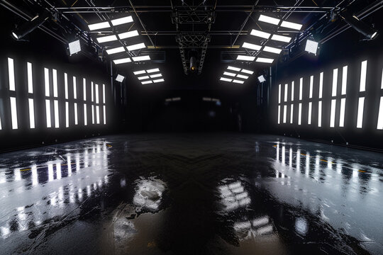 360 degree full panorama environment map of black minimalistic studio environment with bright lights and reflections 3d render illustration hdri hdr vr virtual reality 