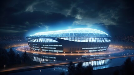 Obraz premium A stadium with a blue sky and a city in the background