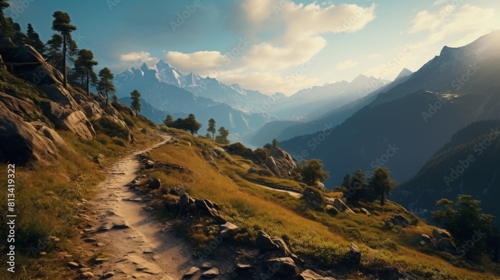 Poster generative ai a winding mountain trail leading to a breathtaking overlook, offering panoramic views 