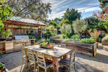 A backyard farm-to-table garden with raised vegetable beds, fruit trees, and a rustic outdoor kitchen, promoting sustainable living, Generative AI