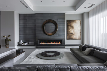 Minimalist living room in shades of gray, with a sleek fireplace and a statement art piece.