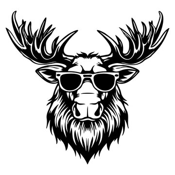 Cool Moose wearing sunglass black silhouette logo svg vector, Moose icon illustration