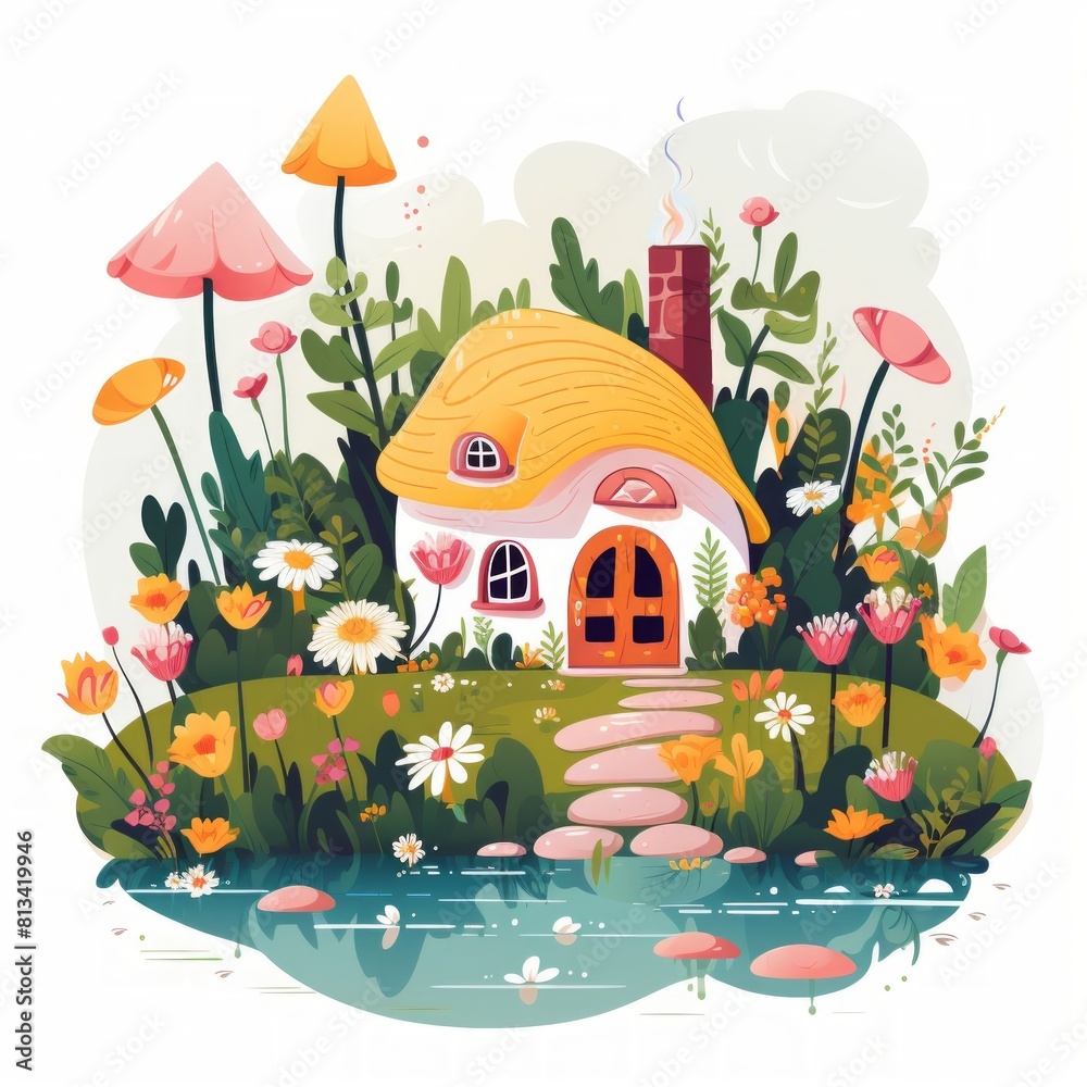 Poster generative ai a charming fairytale dwelling showcasing a tiny pond and a blossoming garden.