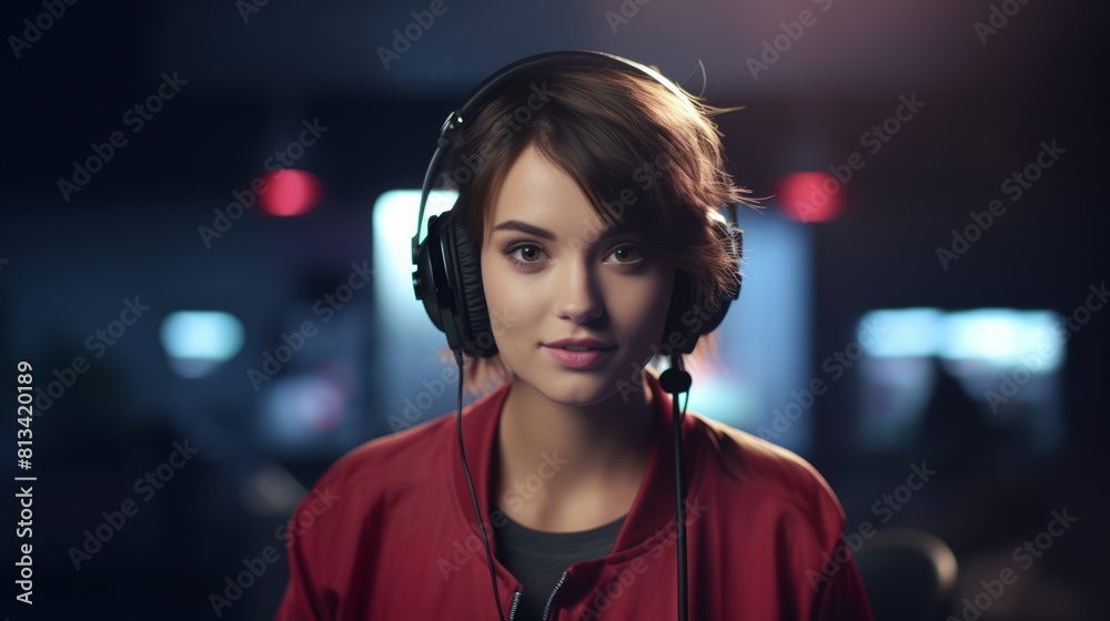 Poster generative ai portrait of a journalist in a broadcast studio, with headphones on, preparing for a li