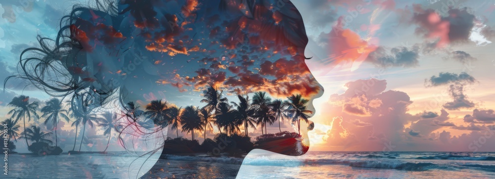 Poster a double exposure featuring a womans face overlaid with a sunset in the background. the sun setting 