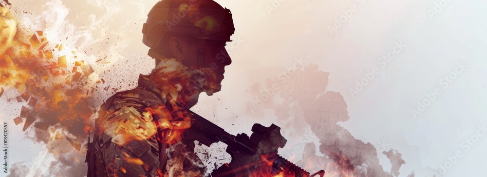 Aufkleber a man in a military uniform is holding a gun and standing in front of a fire. concept of danger and 