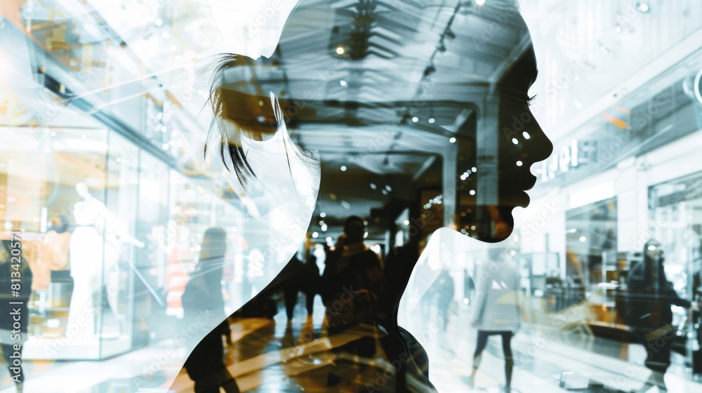 Poster a unique double exposure showing the face of a woman superimposed with a busy shopping mall scene. t