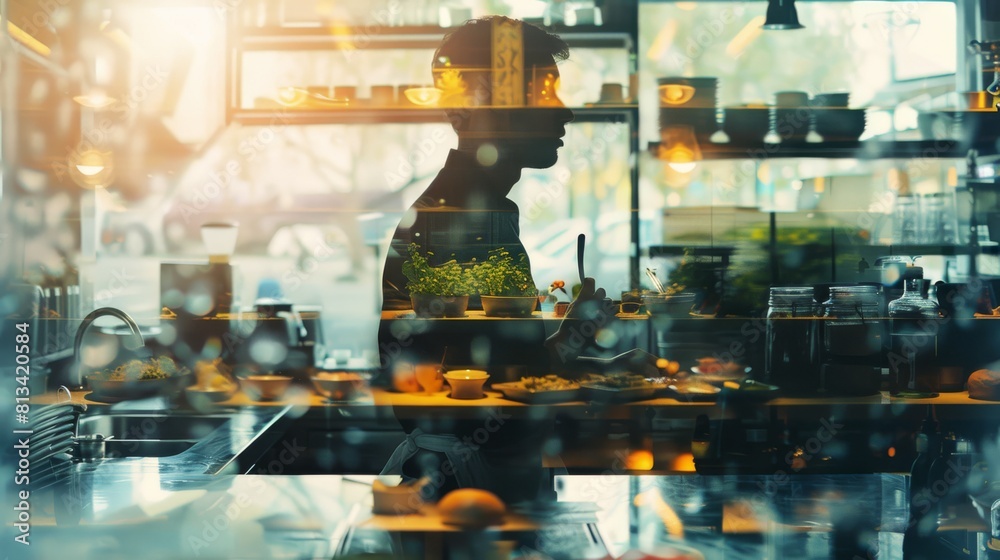 Poster a man is standing in front of a counter with a plate of food in front of him. the kitchen is filled 