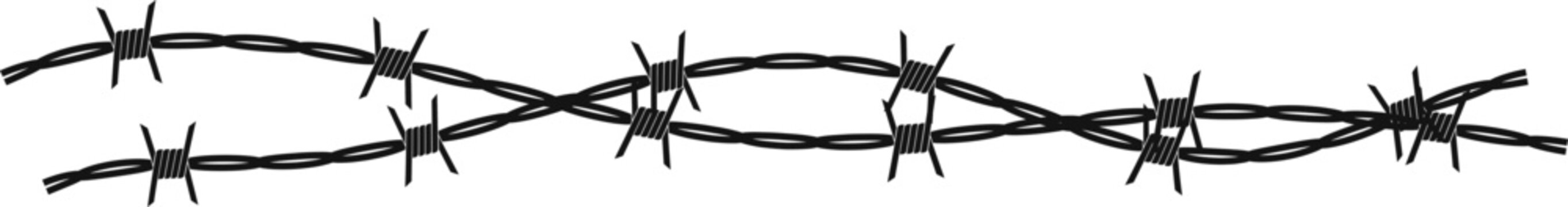 Twisted barbed wire silhouettes Steel black wire barb fence frames. Concept of protection, danger or security