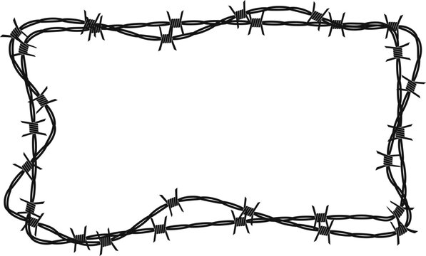 Twisted barbed wire silhouettes Steel black wire barb fence frames. Concept of protection, danger or security