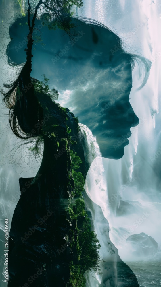 Poster a painting depicting the profile of a womans face in the foreground with a majestic waterfall cascad