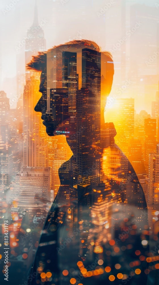 Poster A double exposure featuring a mans face superimposed over a cityscape. The mans facial features blend with the urban background creating a unique visual effect.