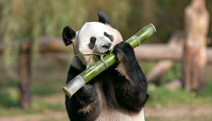 A panda eat bamboo stalk