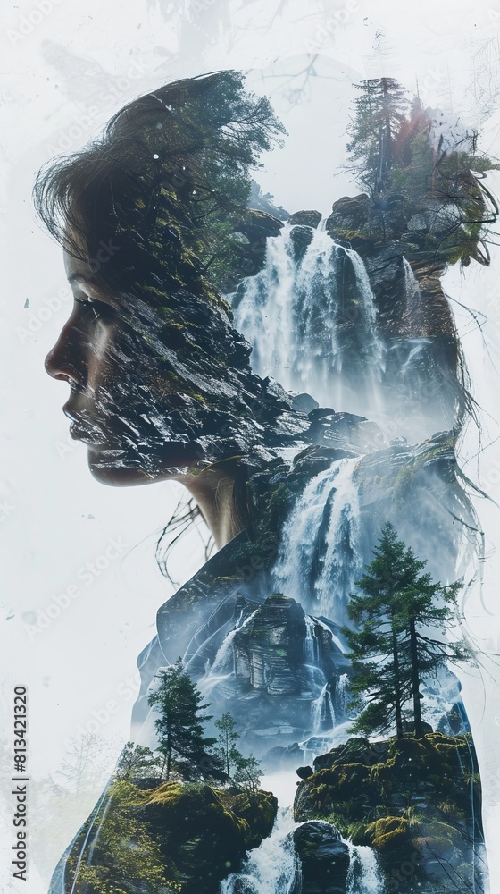 Poster a close-up of a womans face with a majestic waterfall in the background. the woman appears contempla
