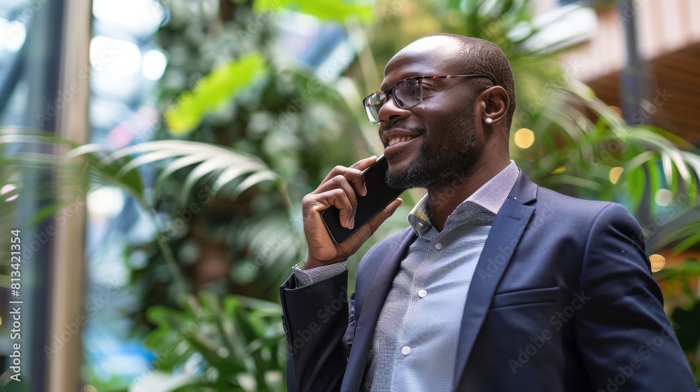 Poster a man in formal attire, a suit, is engaged in a phone conversation while standing in an urban settin