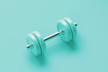 A 3D fitness dumbbell icon, on a pastel aqua background