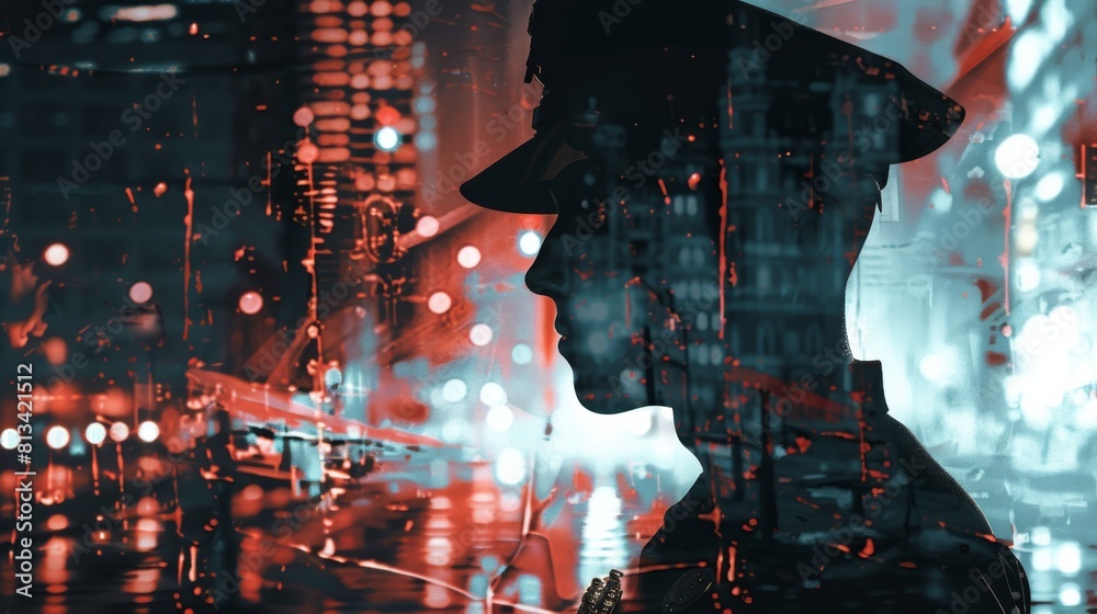 Poster a silhouette of a man wearing a hat stands in front of a cityscape, creating a striking contrast bet