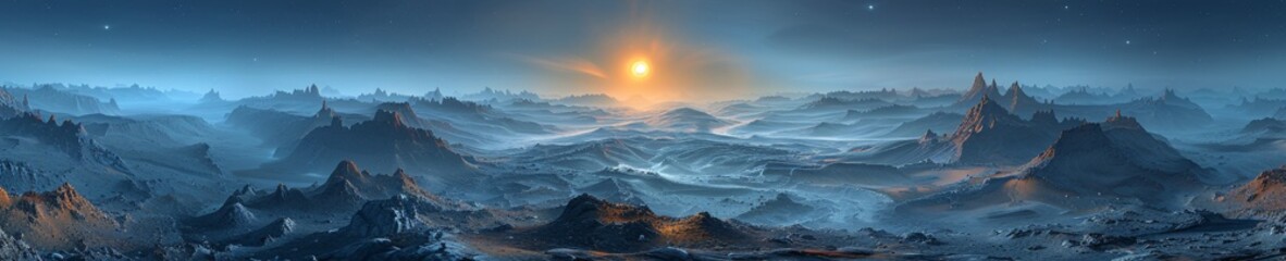 Obraz premium Panoramic wide angle view of vast landscape at night or dusk, mountains, sharp jagged rocks, vast arid rocky landscape - alien planet surface, ethereal sci-fi surface concept, pen tool cut,Majestic Al