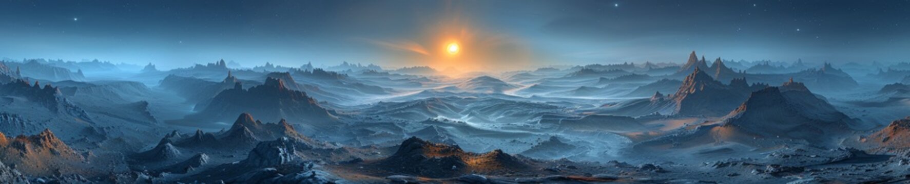 Panoramic wide angle view of vast landscape at night or dusk, mountains, sharp jagged rocks, vast arid rocky landscape - alien planet surface, ethereal sci-fi surface concept, pen tool cut,Majestic Al