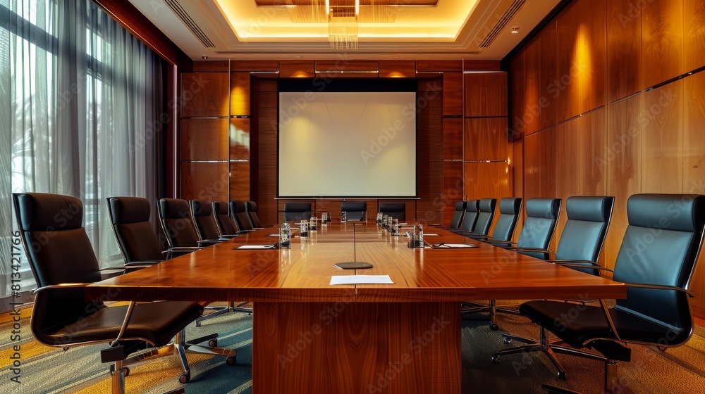 Aufkleber a large conference room with a long wooden table and many black chairs. the room is empty, but the p