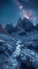 Panoramic wide angle view of vast landscape at night or dusk, mountains, sharp jagged rocks, vast arid rocky landscape - alien planet surface, ethereal sci-fi surface concept, pen tool cut,Majestic Al