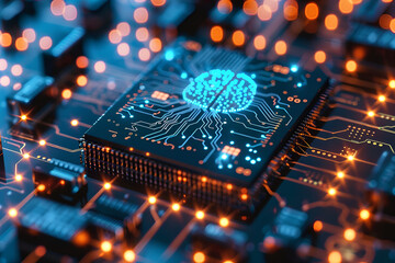 Artificial intelligence chip concept attached to digital circuit board,