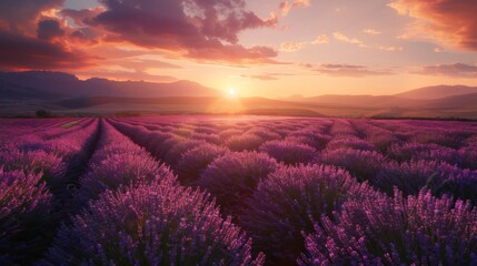 A field of vibrant lavender flowers under the setting suns warm glow. The purple flowers contrast against the orange sky, creating a stunning natural scene.