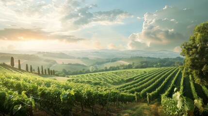 The image shows a vineyard bathed in the warm light of the setting sun. Rows of grapevines lead towards the horizon, with a farmhouse and a distant mountain range in the background.