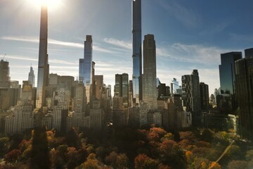 Autumn Fall. Autumnal Central Park view from drone. Aerial of NY City Manhattan Central Park...