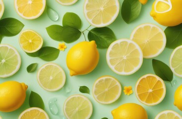 A slices of fresh yellow lemon texture background pattern. Lemon pieces in different sizes background. Texture formed by citrus pieces.