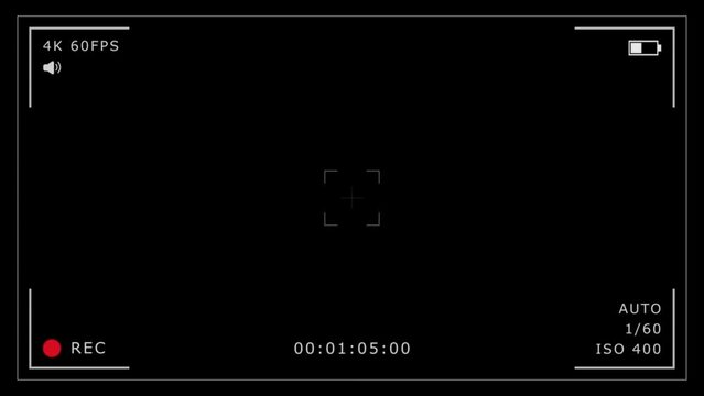 Camera recording screen overlay on black background, mirrorless cam viewfinder frame animation template, digital video recorder user interface display with setting and time data for production design