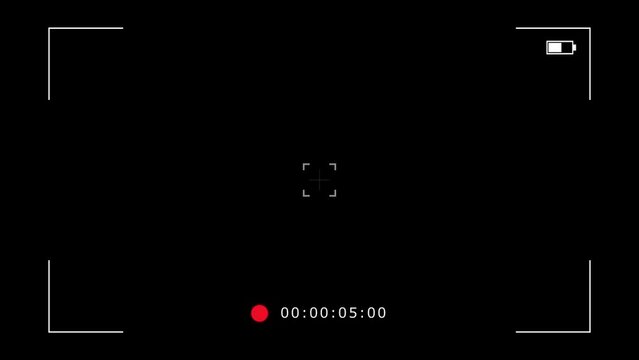 Camera recording screen overlay on black background, mirrorless cam viewfinder frame animation template, digital video recorder user interface display with setting and time data for production design