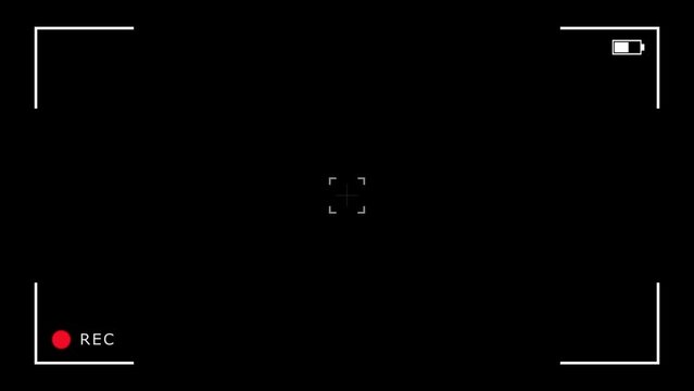 Camera recording screen overlay on black background, mirrorless cam viewfinder frame animation template, digital video recorder user interface display with setting and time data for production design