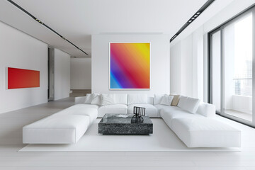 Minimalist living room with an all-white theme, accented by a single vibrant piece of modern art.
