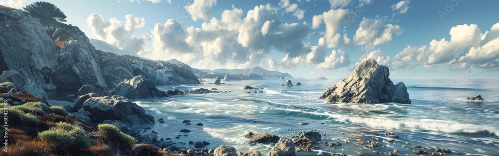 Poster a beautiful ocean view with a rocky shoreline. the sky is cloudy, but the sun is still shining throu