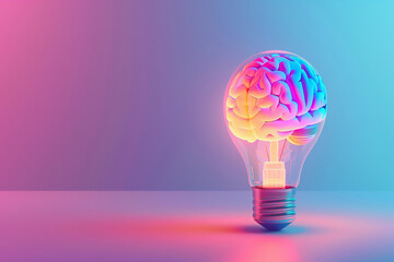 A 3D minimalist light bulb with a vibrant brain pattern, set against a calming pastel indigo background, denoting creative energy 