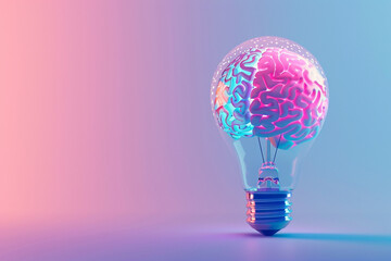 A 3D minimalist light bulb with a vibrant brain pattern, set against a calming pastel indigo background, denoting creative energy 