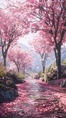 A detailed painting depicting a flowing river surrounded by vibrant pink flowers in bloom. The artist has skillfully captured the serene beauty of nature in this picturesque scene.