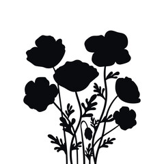 Poppy flowers bouquet silhouette isolated on white background. Poppies flowers bunch silhouettes