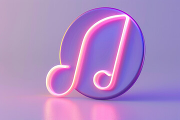 A 3D music note icon, radiating with a neon glow on a pastel violet background