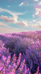 Fototapeta premium A vast expanse of purple flowers fills a field beneath a clear blue sky. The vibrant hue of the flowers contrasts with the deep blue of the sky, creating a stunning visual display of nature.