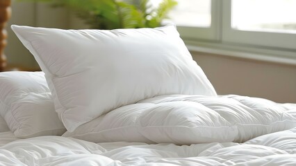 Cozy Bedding: Soft White Pillows for a Peaceful Night's Sleep. Concept Bedroom Decor, Comfy Cushions, Restful Retreat, Relaxing Ambiance, Dreamy Bedroom