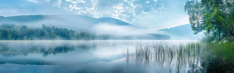 Fototapeta premium A realistic painting depicting a lake set amidst a lush forest of trees. The calm waters reflect the greenery surrounding it, creating a serene and peaceful atmosphere.