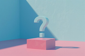 A 3D question mark icon casting a shadow, on a pastel cerulean background 