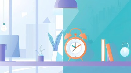 Create a professional illustration of a desk with a computer, books, and an alarm clock